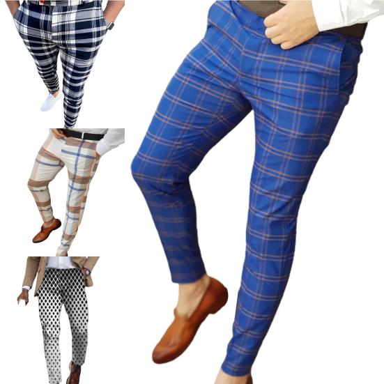 Męskie spodnie Plaid Mid Waist Slim Fit Odporne na zużycie spodnie wiosenne do pracy