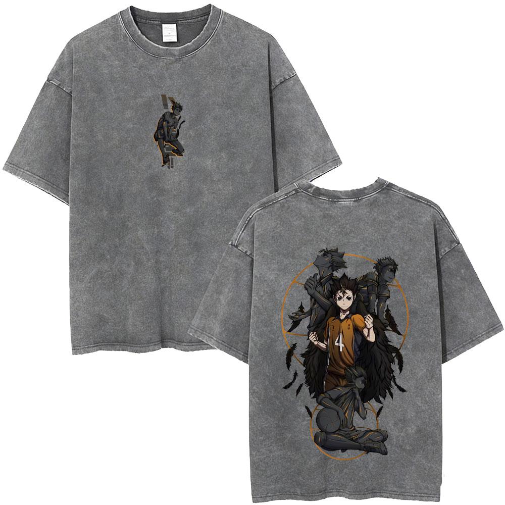 Gewaschenes Vintage Anime Haikyuu KARASUNO Merch T-Shirt Herren Cartoon Manga Oversized T-Shirt Herren Sommer Lässige Kurzarm-T-Shirts