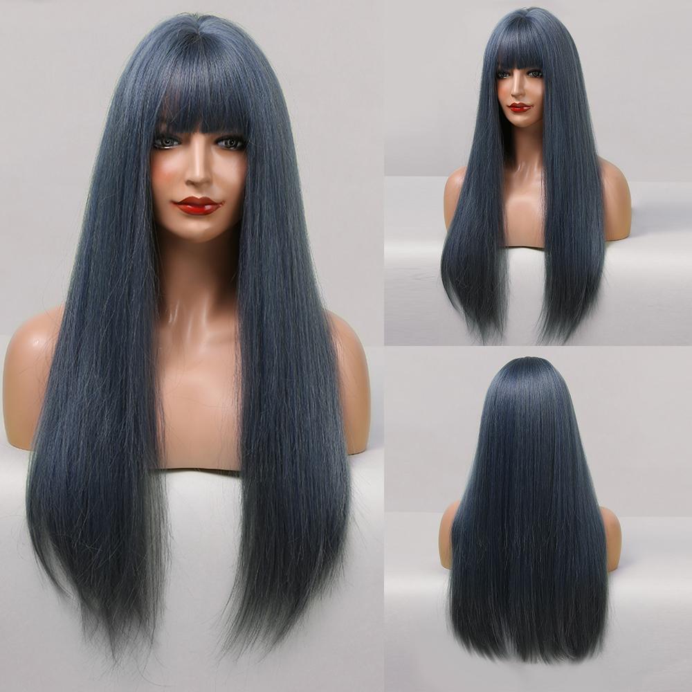 LOUIS FERRE Synthetic Long White Wigs with Bangs Cosplay Straight Wigs with Brown Highlight Natural Fake Hair for Black Women