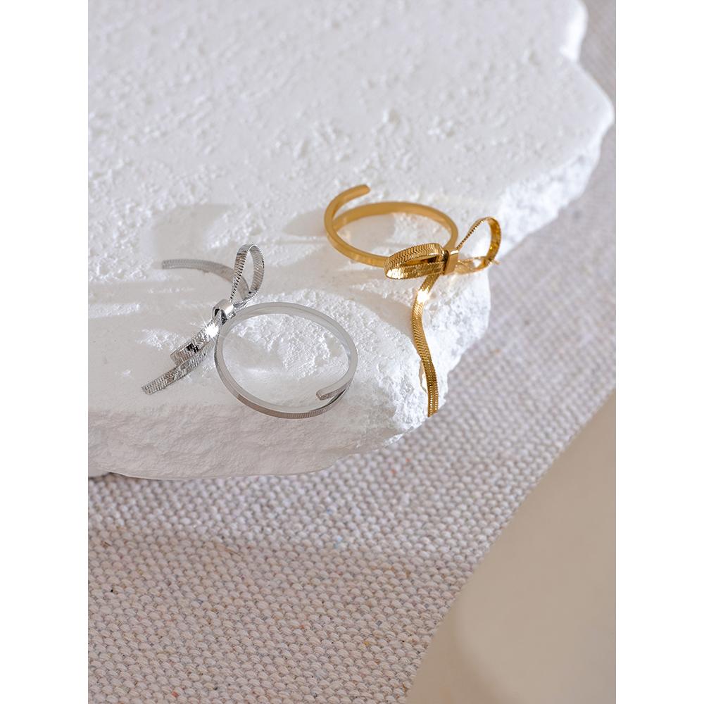 Yhpup Stylish Stainless Steel Bow Knot Adjustable Open Trendy Ring Women Charm Jewelry