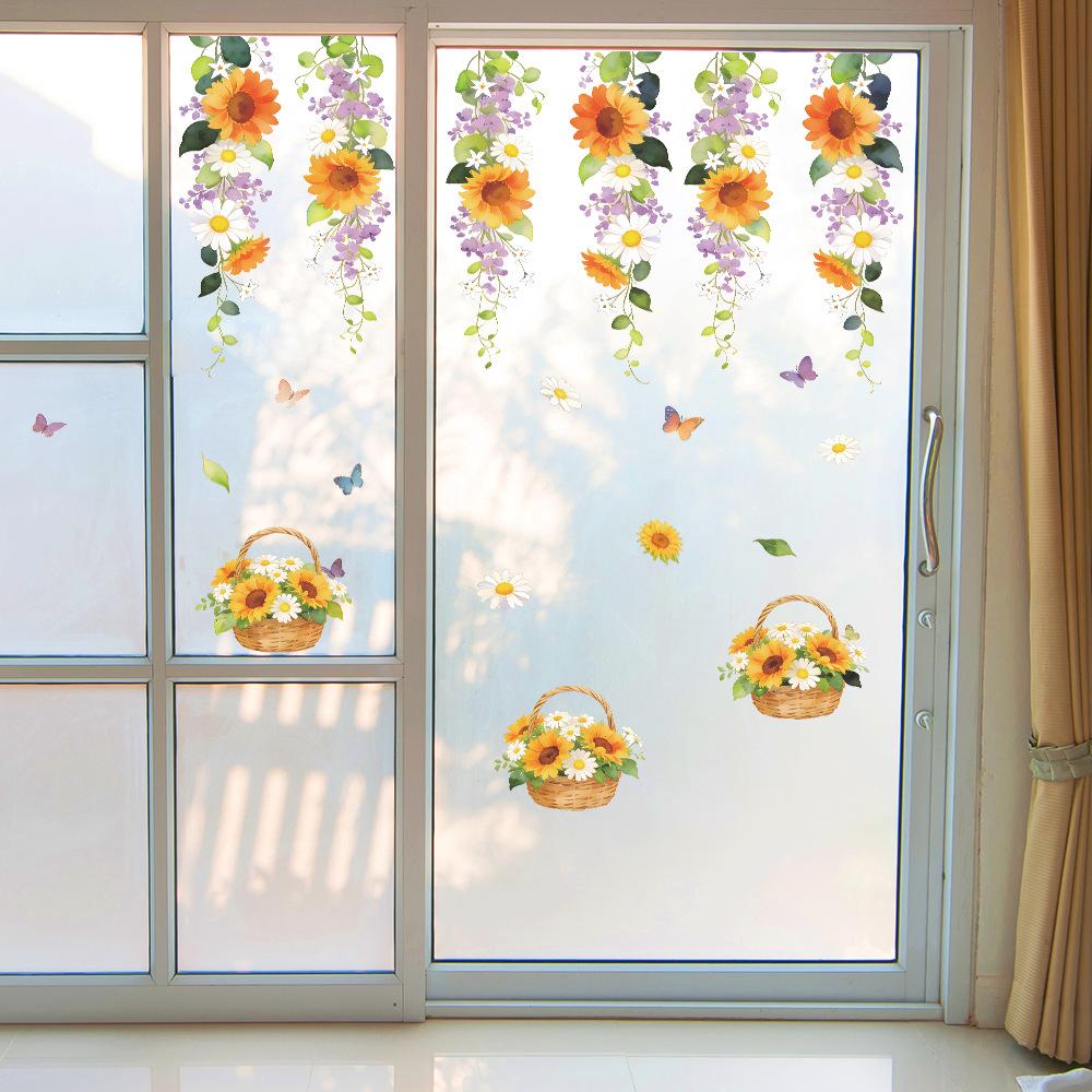 Painted Sunflower Flower Basket, Outdoor Balcony Glass Display Window Sticker