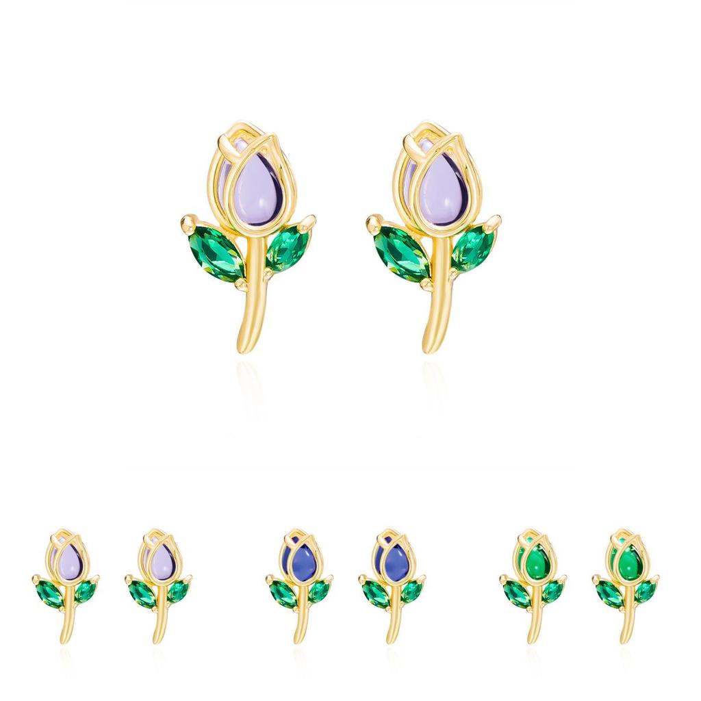 Romantic Tulip Flower Stud Earrings For Women Copper Glass Spring Jewelry