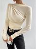2024 High Neck Solid Color Slim-Fit Women's Long Sleeve Ruched T-Shirt