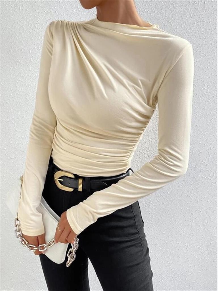 2024 High Neck Solid Color Slim-Fit Women's Long Sleeve Ruched T-Shirt