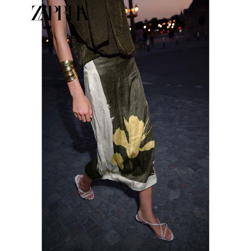 Zaprha 2025 Autumn New Versitile Fashion Print Wrinkle Effect High Waist Midi Skirt 3666165