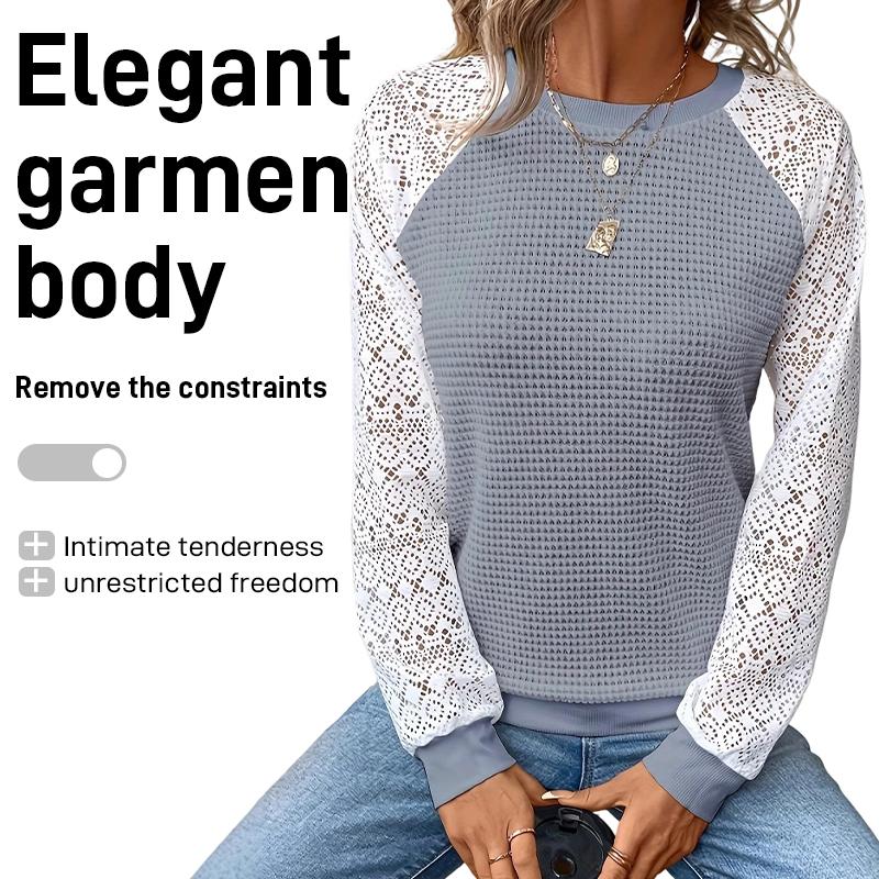 Women's Lace Top Crew Neck Long Sleeve Openwork Slim Fit Casual Blouse