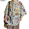 Oversized Men Lapel Neck Short Sleeve Buttons Up Cartoon Print Casual Baggy Shirts