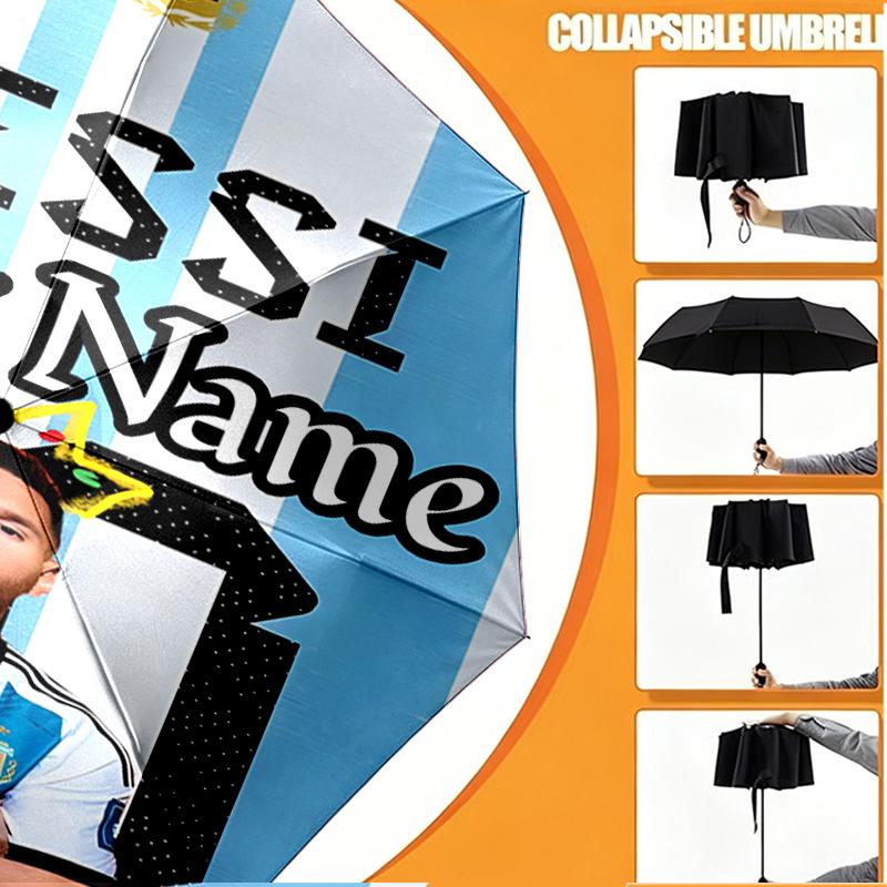 Custom Name Personalized Lionel Messi Print Umbrella, Auto Open Close, 8‑Rib Sturdy Frame, Commute Camping Hiking Use, Birthday Gift