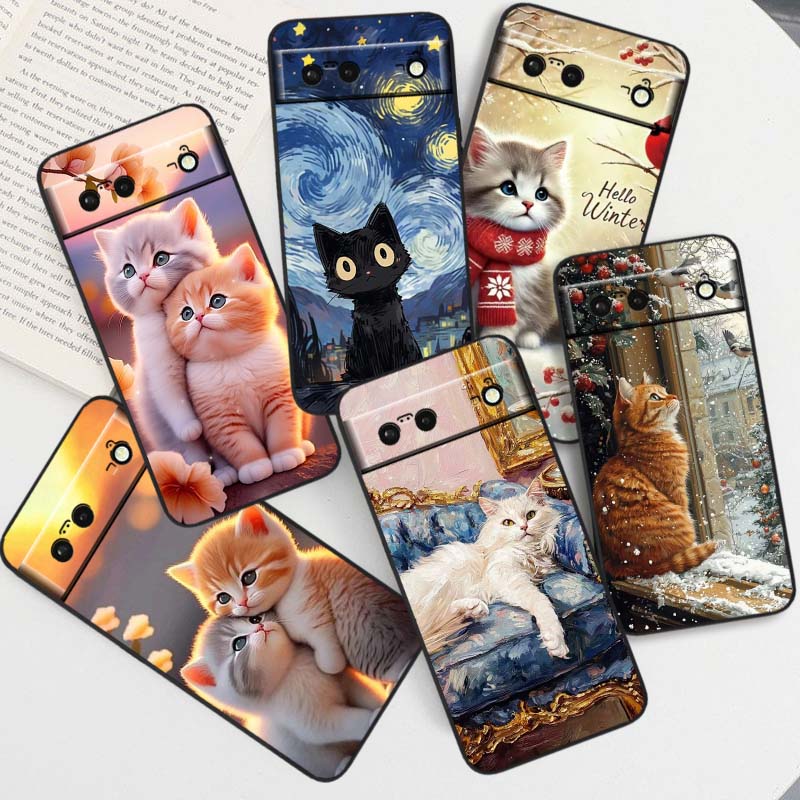 Cute cartoon cat illustration Phone Case For Google Pixel 10 9a 9 8A 8 7 7A 6 6A Pro XL 2024 5G Black Soft TPU Silicone