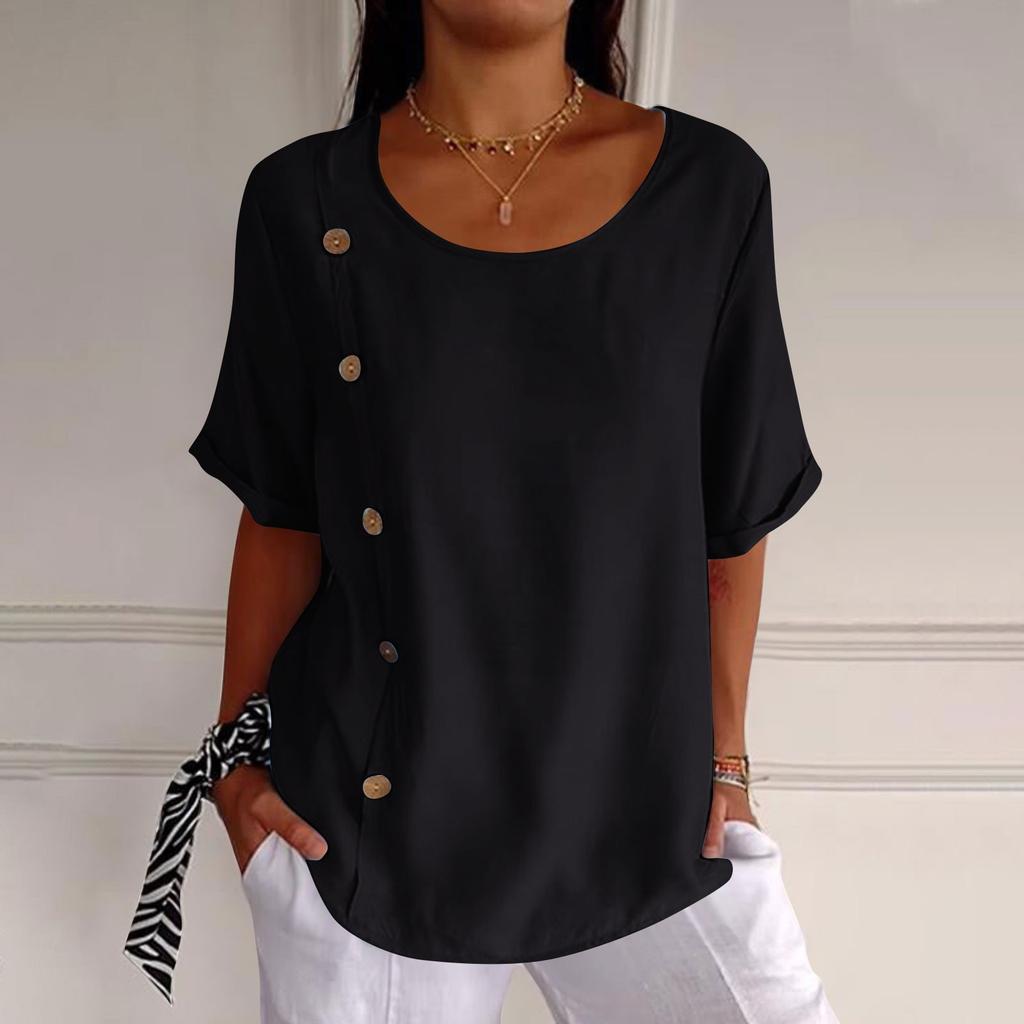 T-shirty z krótkim rękawem i dekoltem w kształcie litery "o" dla kobiet modne topy lekka, miękka, letnia koszula na co dzień z guzikami