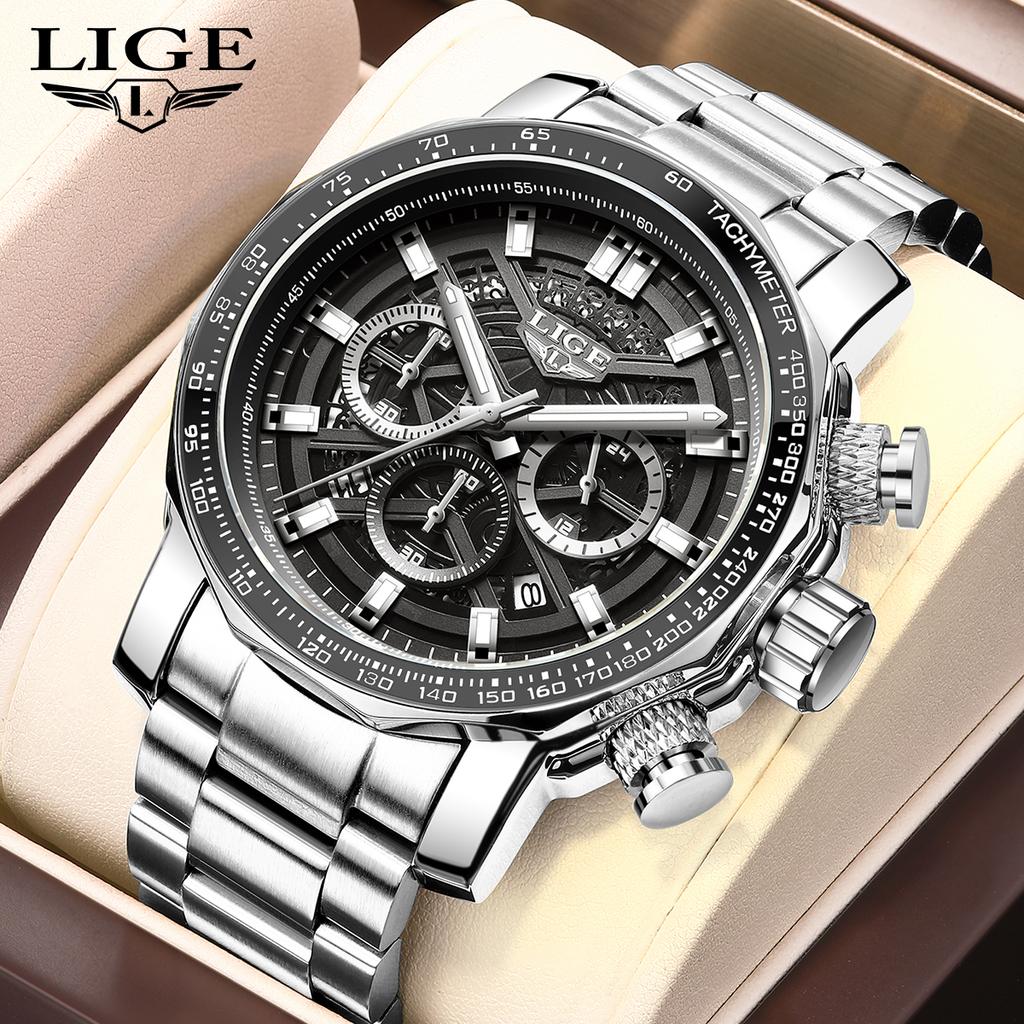 LIGE Fashion Luxury Quartz Man Watch Hollow Business Casual Stainless Steel Clock Waterproof Luminous Men's Watches Reloj Hombre