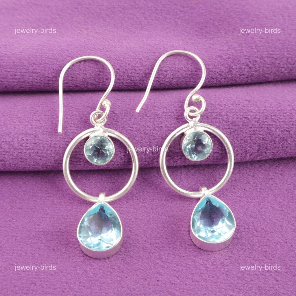 Sky Blue Topaz Stone Sterling Silver Mothers Day Wedding Dangle Hook Earrings EE-140-14