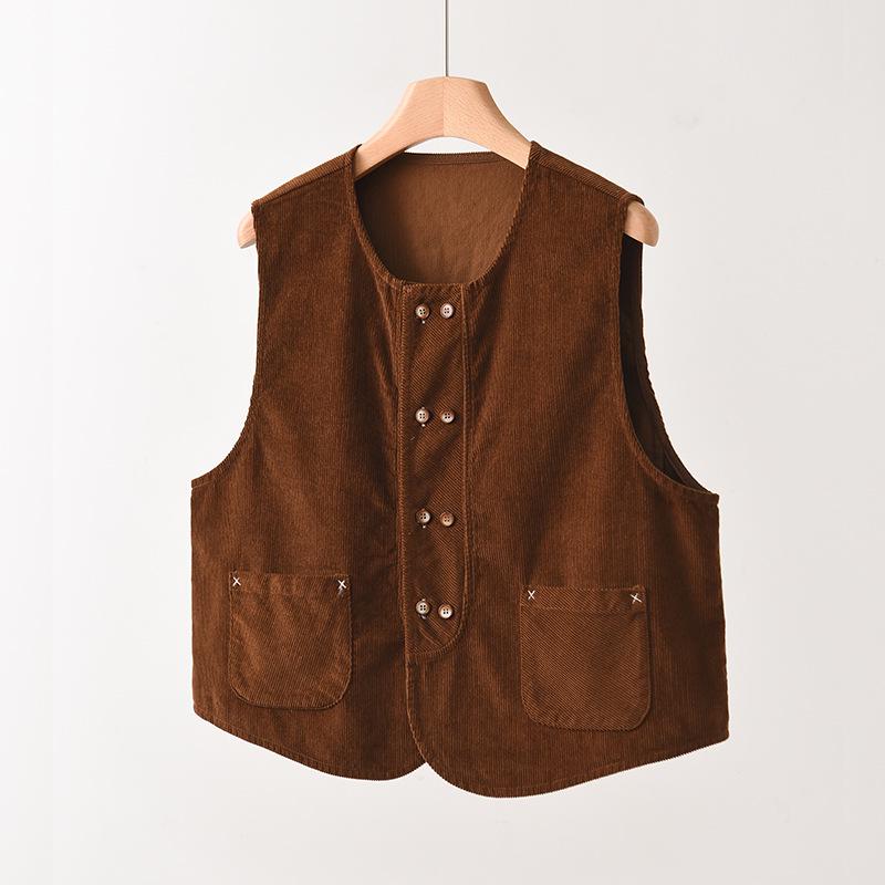 Women's Double-Breasted Corduroy Vest: Versatile Loose Fit, Sleeveless Fashion with Shoulder Pads, Autumn Collection.