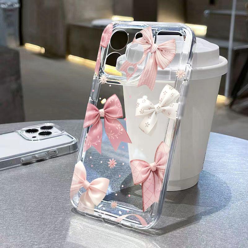 

Pink Bow Design Transparent TPU Phone Case For iPhone 17 16 15 14 Pro Max 13 12 11 XS Max X XR 7 8 Plus 16e 17 Air Soft Cover iPhone 15 Pro Max