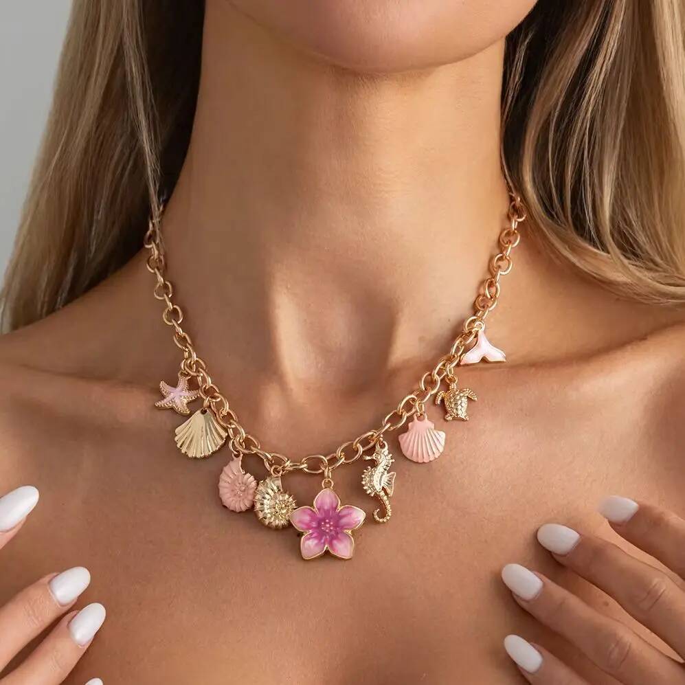 Salircon Sweet Romantic Starfish Shell Pink Flower Pendant Choker Necklace for Women Summer Beach Charm Aesthetics Jewelry Gift