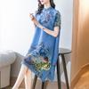 Vestido plisado estampado de manga corta de estilo chino Retro para mujer nuevo verano falda reductora de edad con hebilla y cuello levantado para mujer