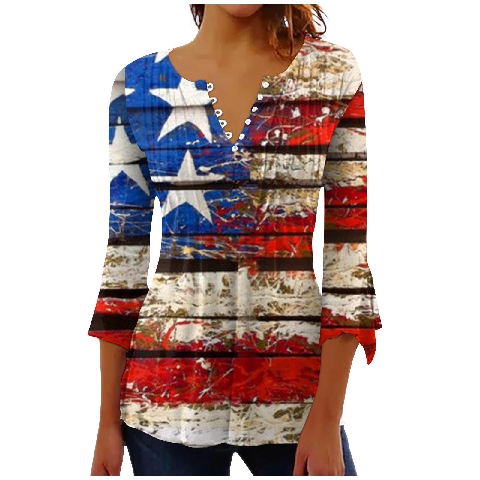 

Женский повседневный топ на пуговицах с длинными рукавами и v-образным вырезом в честь Дня независимости XL красный