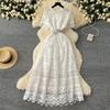 Spring Dress New French High-end Round Neck Short Sleeve Waist Hollow Crochet Lace Elegant Long Dress