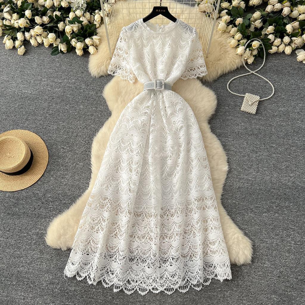 Spring Dress New French High-end Round Neck Short Sleeve Waist Hollow Crochet Lace Elegant Long Dress