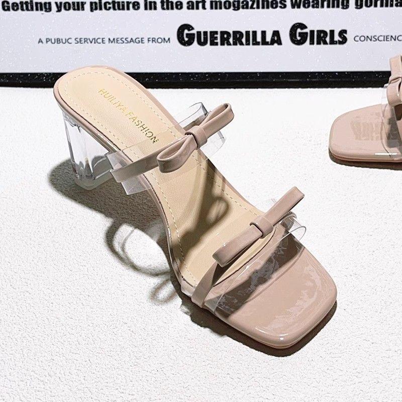 2025 Spring Sweet Pink New Bow Open-toed Cool Slippers Fashionable Transparent Crystal High-heeled Half Slippers Women