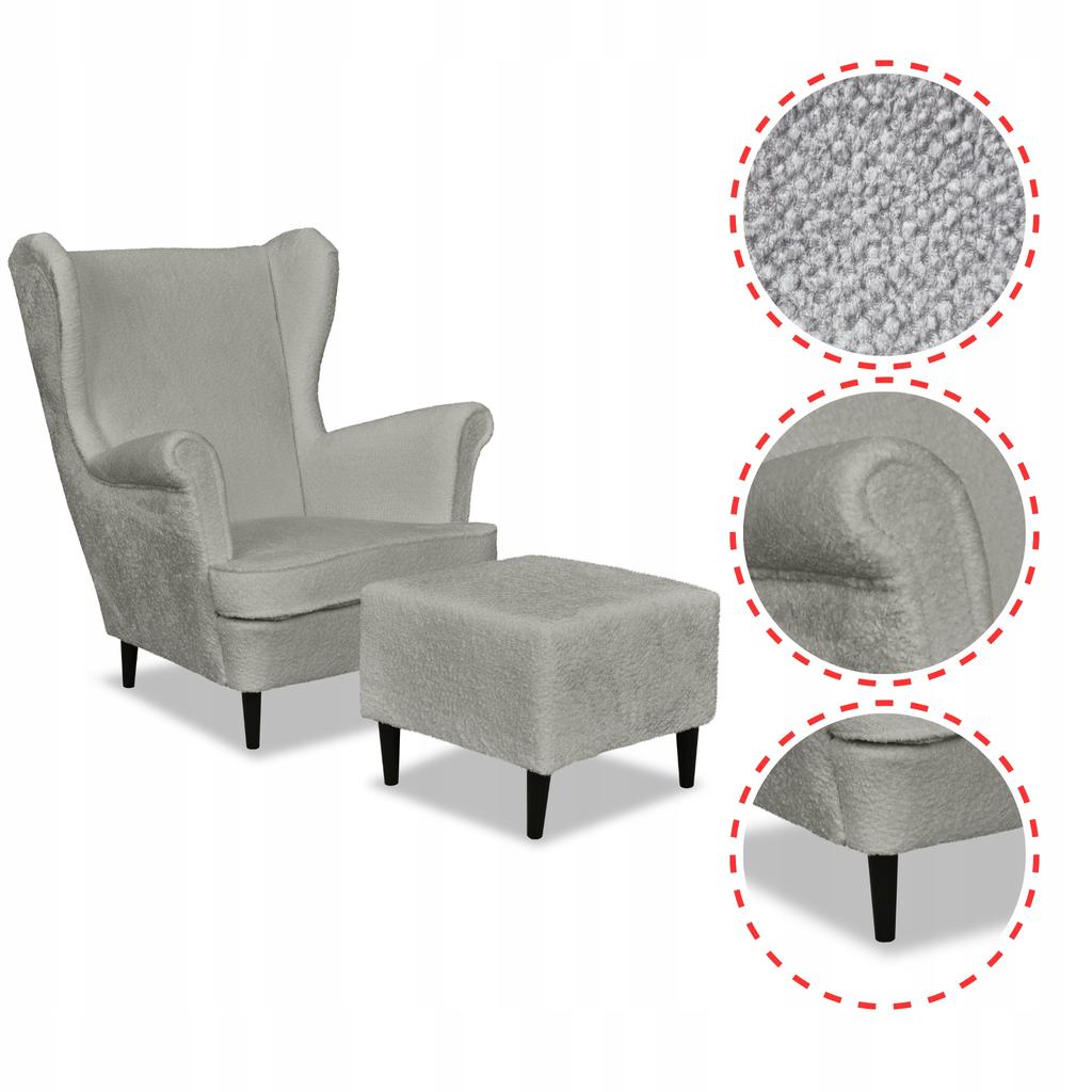 Bella Wing Chair with Footrest Scandinavian Family Meble Light Gray Plush