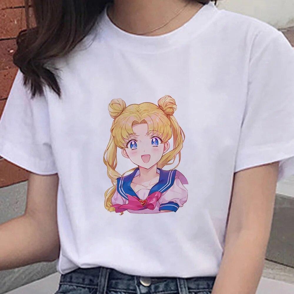 Cartoon Anime Sailor Graphic Moon Print 100 % Baumwolle T-Shirt Mode Goth Girl Kleidung Kurzarm Übergroßes Unisex Frauen T-Shirt Unisex