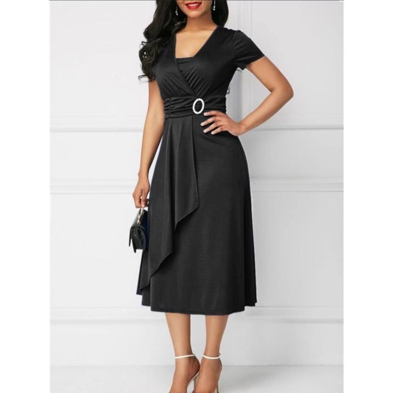 Women's Elegant Short Sleeve Dress Oversized V Neck Asymmetric Hem Waist Tight Midi Party Dress Ladies Evening Vestidos 5XL