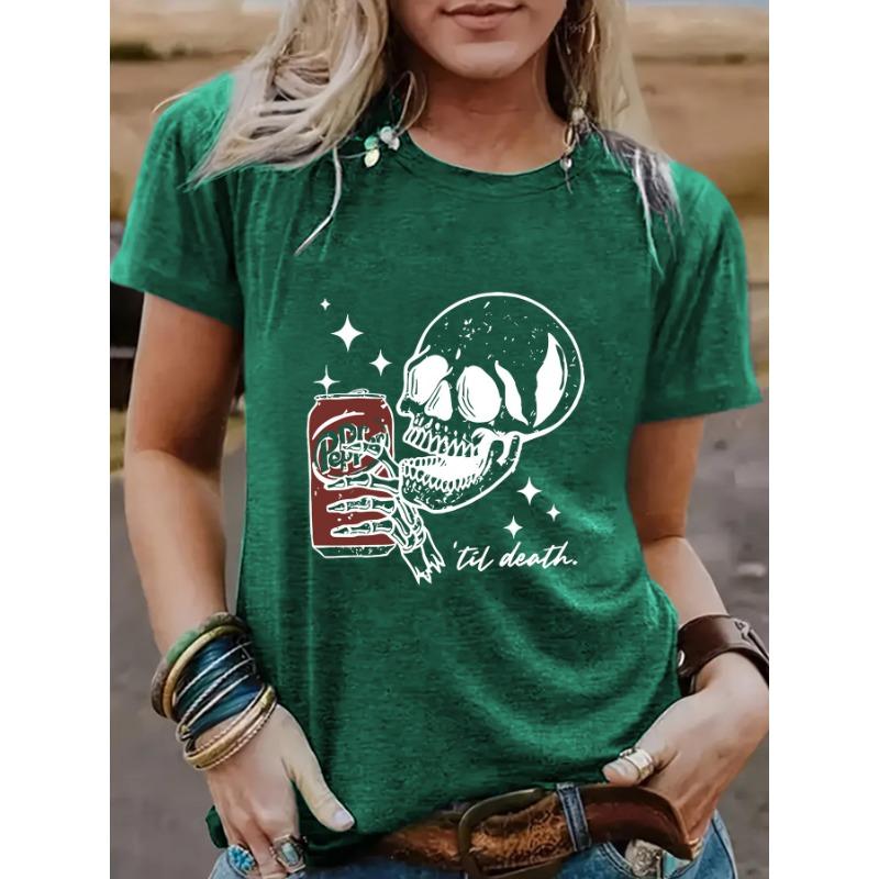 Dámská bavlněná trička s krátkým rukávem a kulatým výstřihem s ležérním módním potiskem lebky a Coly pro Halloween