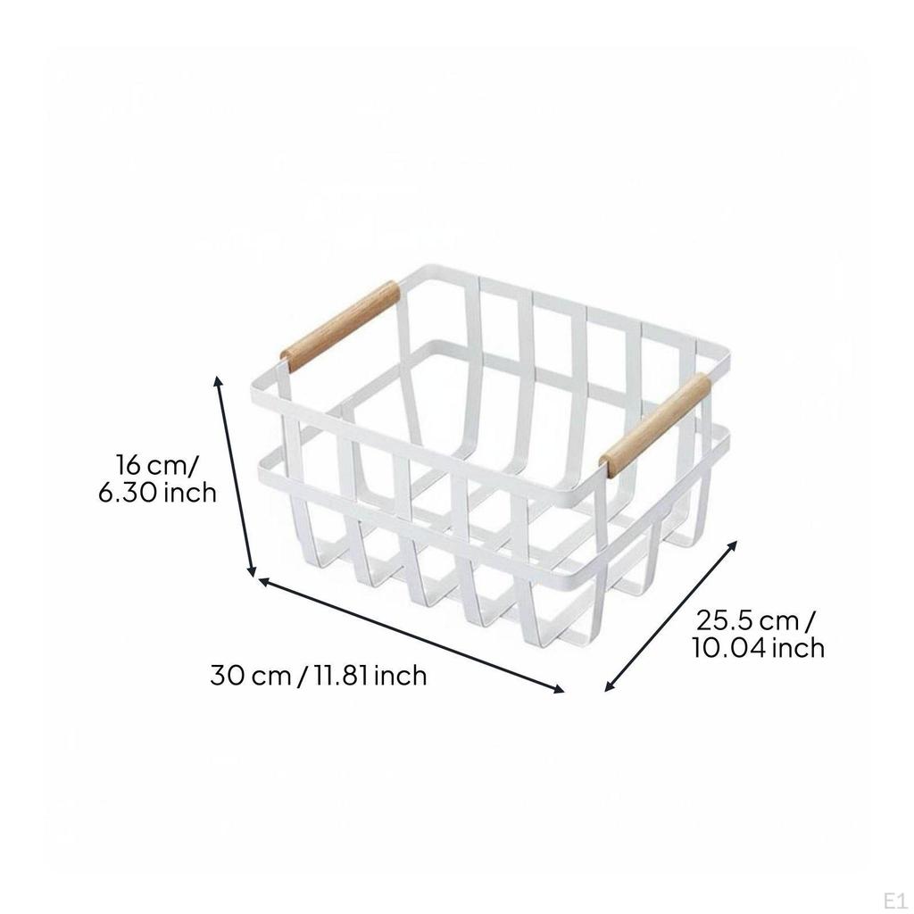 Wire Basket with Wood Handles Versatile Metal Pantry Bin Wrought Iron Construction Storage Container