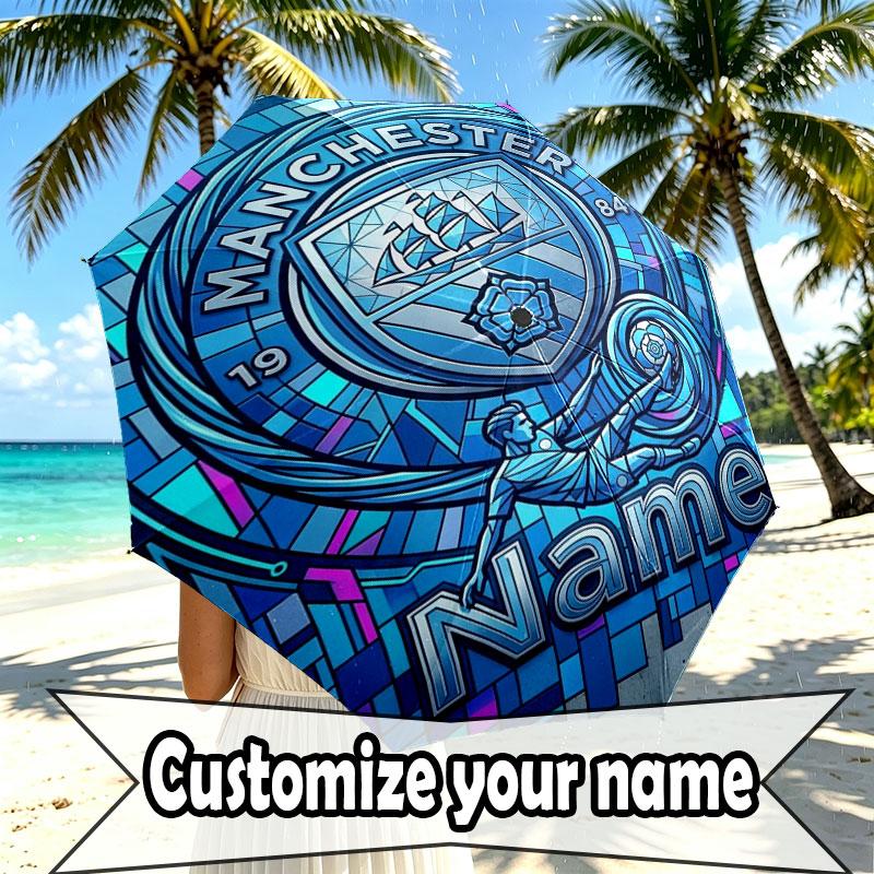 Custom Name Personalized Manchester City Print Umbrella, Auto Open Close, 8‑Rib Sturdy Frame, Commute Camping Hiking Use, Birthday Gift