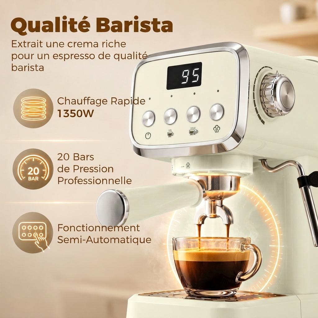 Espresso Machine with Milk Frothing Steam Wand, 20 Bar Pressure, Removable 1.2 L Water Tank, Crema