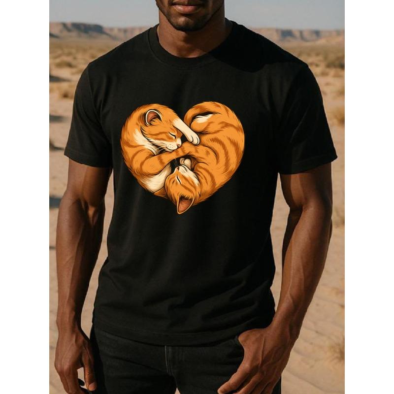 

Valentine s Day warm double cats embracing heart-shaped Men s printed short-sleeved T-shirt, loose round neck comfortable and unique T-shirt 4XL