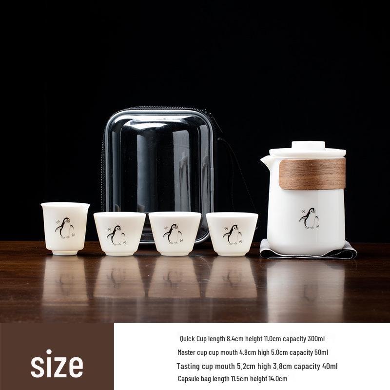 Premium Mutton Fat White Porcelain Panda Travel Tea Set - Portable Kung Fu Set with One Pot and Four Cups for Car, Outdoor, and Camping Use.