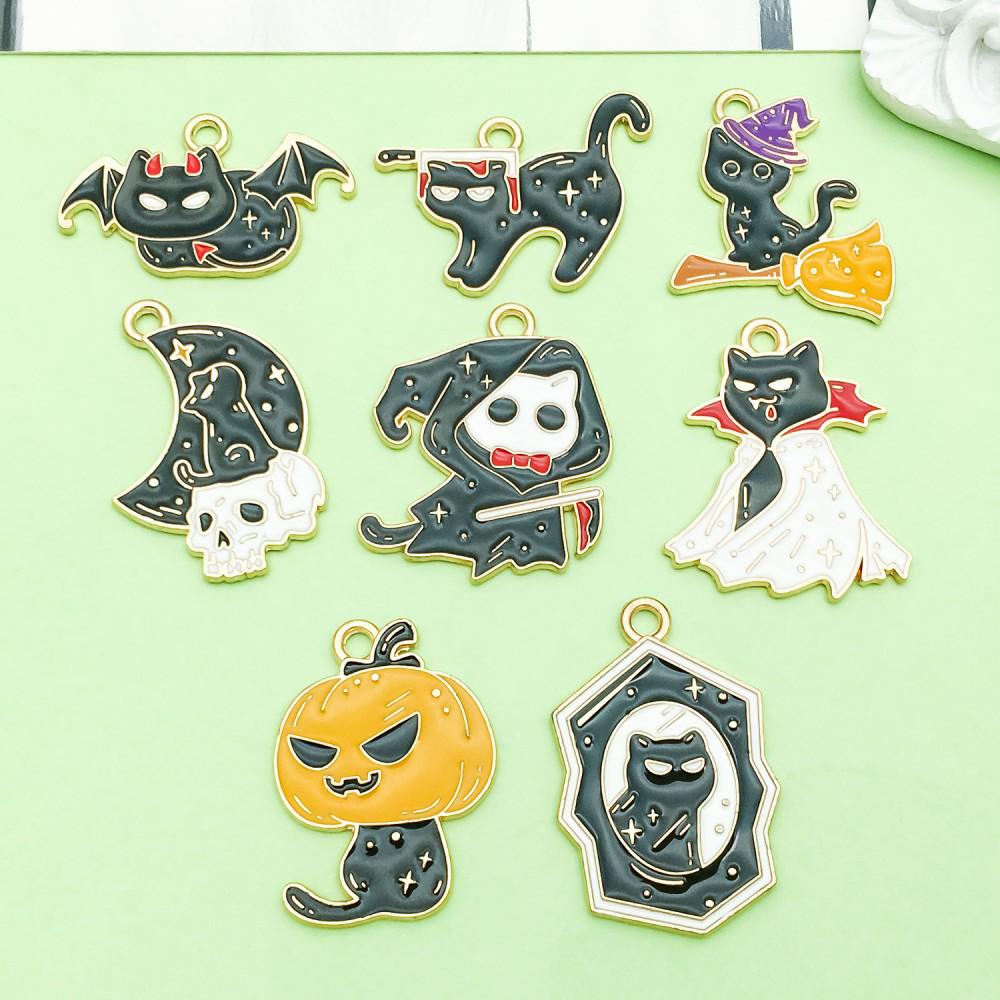 8-Piece Black Oil Drip Alloy Halloween Cartoon Cat Charms for DIY Jewelry