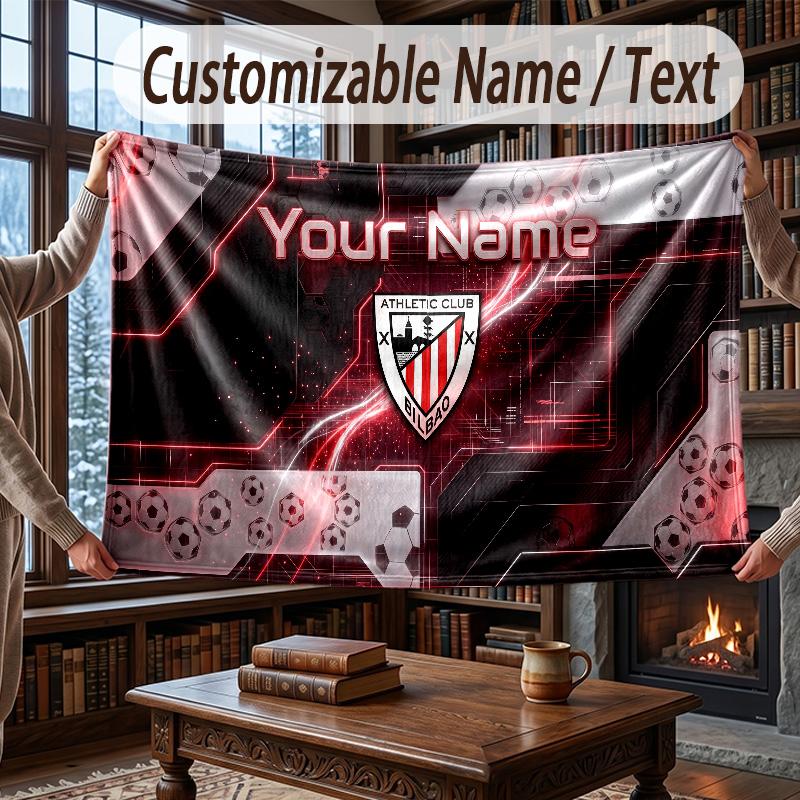 Custom Name Flannel Throw Blanket Athletic Bilbao FC Pattern Warm Home Decoration
