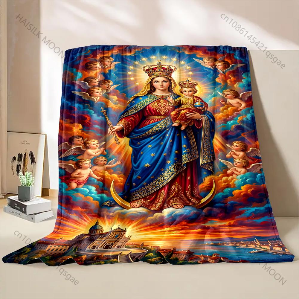 1PC Virgin Mary with child, angels Faith-printed Flannel Blanket Soft and Warm Suitable for Home Travel Picnics Camping and RV