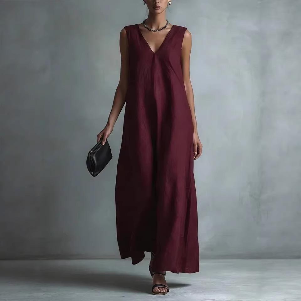 2026 European & American V-neck Sleeveless Women's Cotton Linen Casual Dress