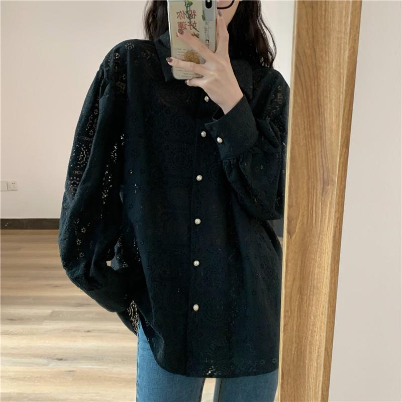 Women's Korean-Style Lace Cotton Long-Sleeve Shirt - Niche, Fashionable, & Loose Fit