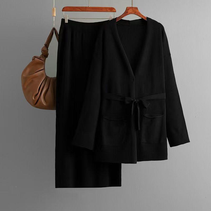 Fashion Wind V-neck Lace-up Knitted Cardigan Top Skirt Suit Knitted Top and Skirt Set