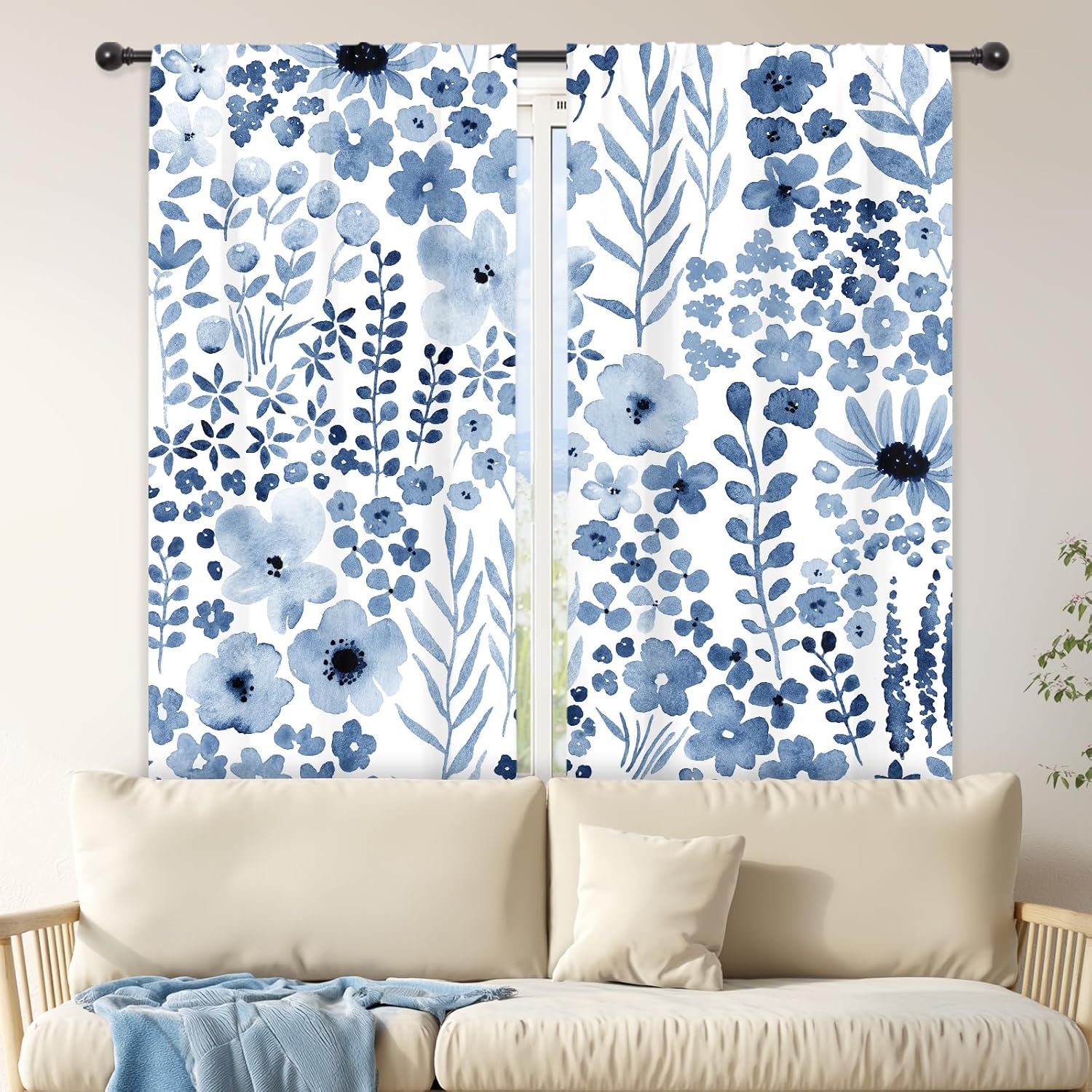 Black Floral Curta Cute Boho Wildflower Watercolor Flower Blossom Plant Leaves Herbs Rod Pocket Natural Botanical Girlsliving 53x116CM-2PC