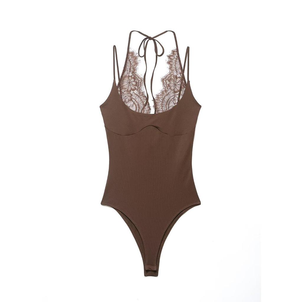 Europæisk & Amerikansk Kvinders Patchwork Blonder Halterneck Bodystocking - Populært Mode