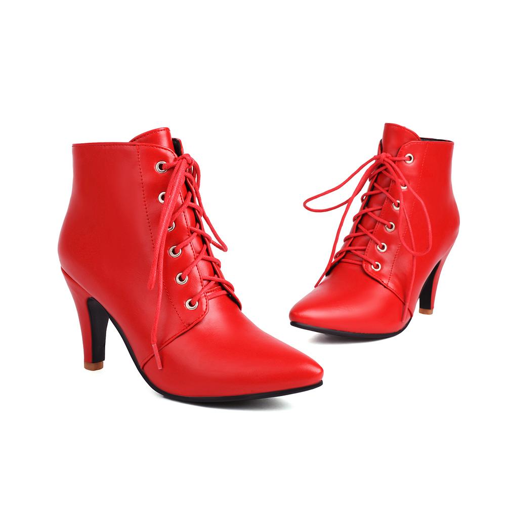 Spring Brown Apricot Women Ankle Boots Pointed Toe Lace up High Heel Small Big Size 33 47