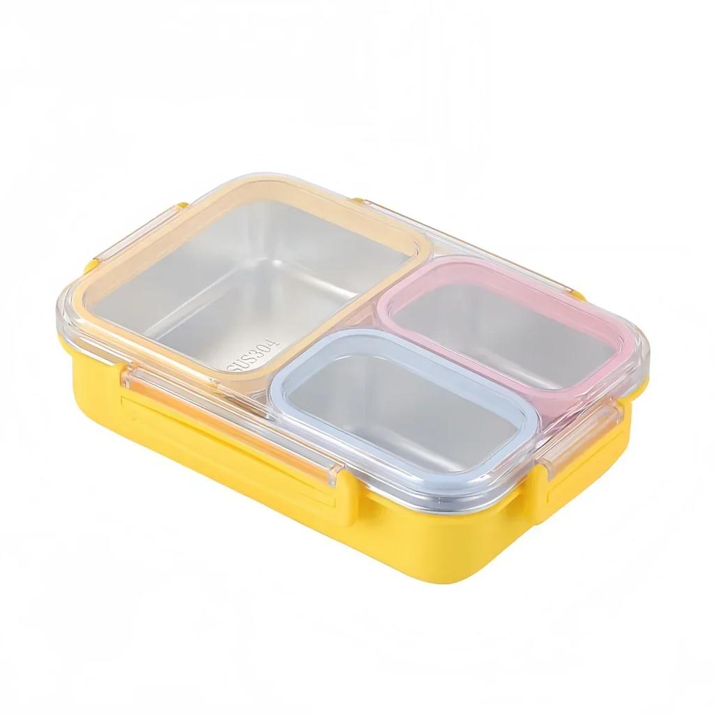 Stainless Steel Lunch Box Kitchen Snack Food Container Lunch Box 24.5x17.5x6cm Three Compartments With Silicone Seals Lids
