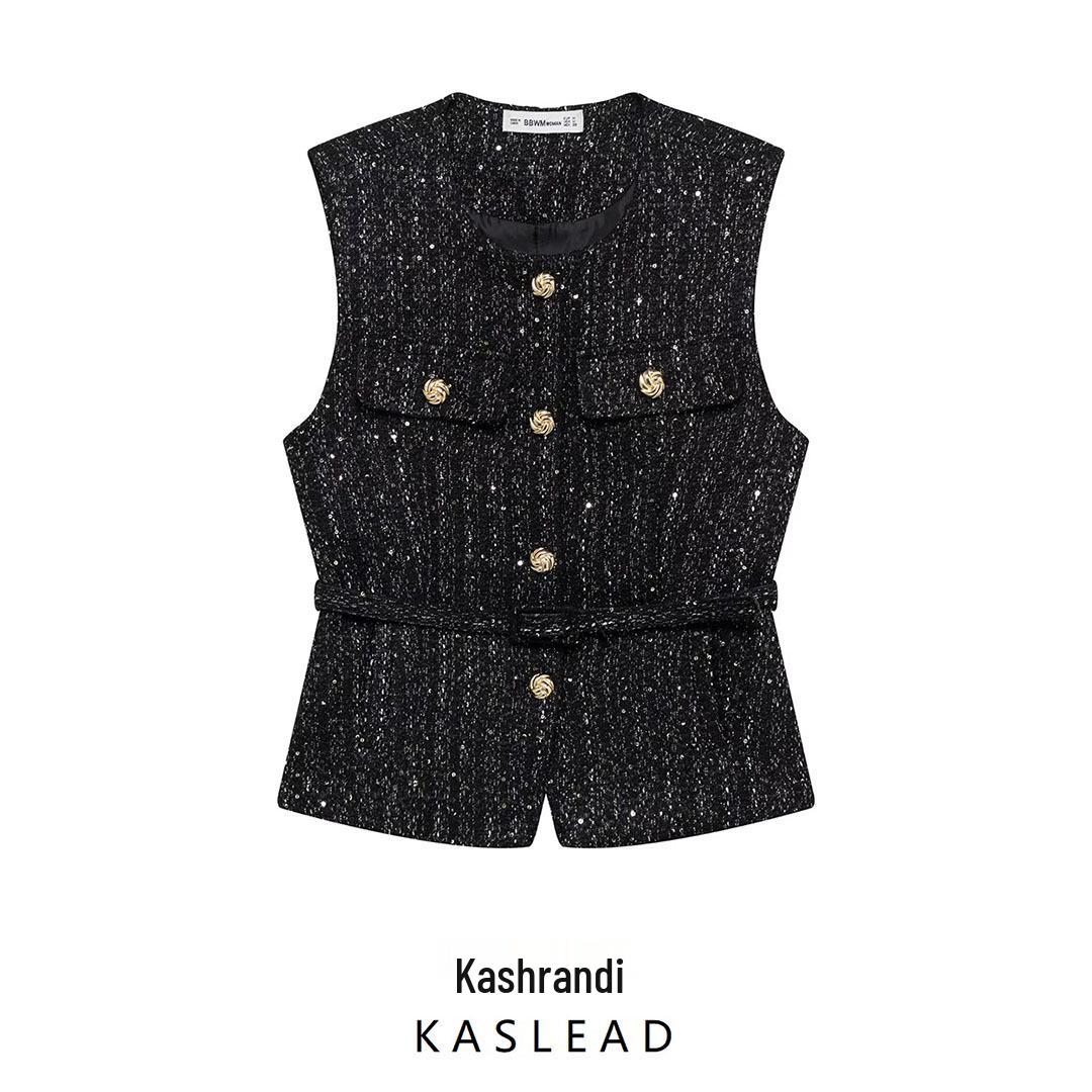 

2025 Spring Women s European & American Style Sequin Belted Knit Vest M