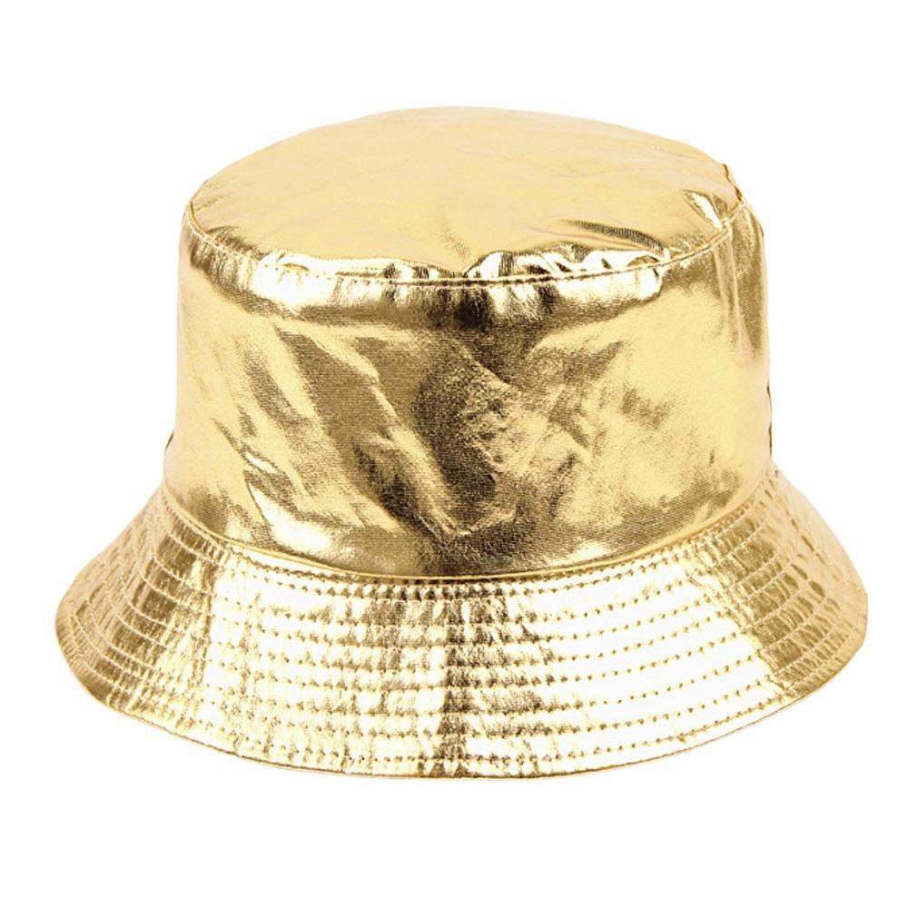 Double Sided Wear Reversible Bucket Hat Breathable Harajuku Style Gold Silver Fisherman Hat Leather UPF 50+ Sunscreen