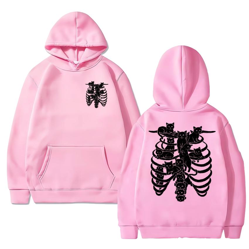Gothic Harajuku Skeleton Cat Double Sided Printed Hoodies Men Women Fleece Casual Streetwear Pullovers Unisex Vintage Sweatshirt