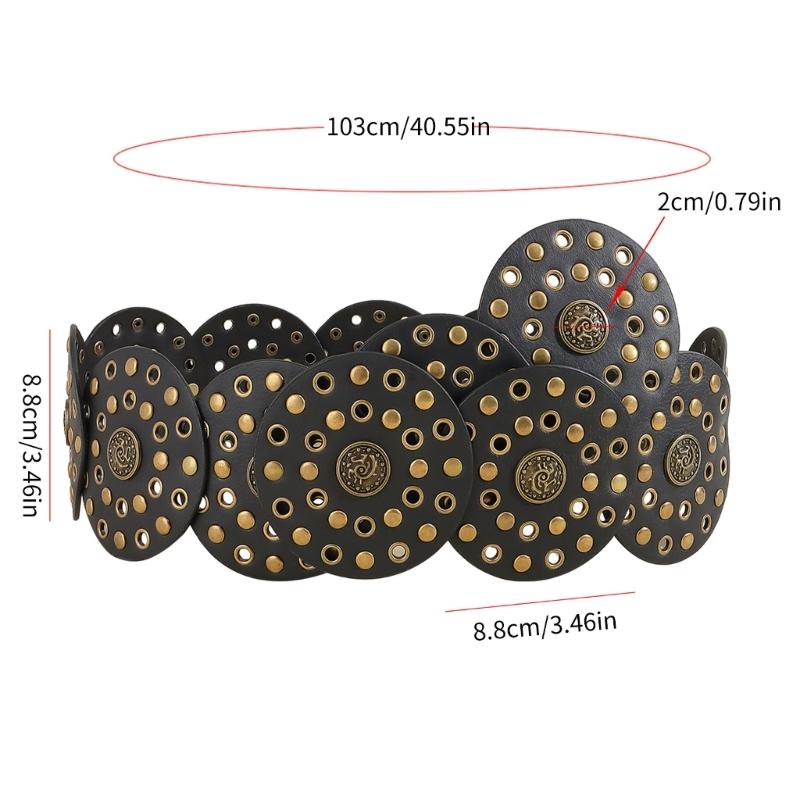 Western Adult Waist Belt with Adjustable Buckle Unique Metal Rivets Waistband PU Waist Belt for Rock Fan Wear Resistant