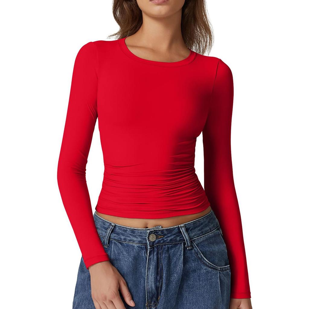 Women's Fashion Solid Color Round Neck T-Shirt Long Sleeve Pullover Bottom Shirt Top