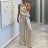 Women 2 Piece Satin Outfits Halter Neck Sleeveless Top And Wide Leg Pants Set Casual Vocation Lounge Set
