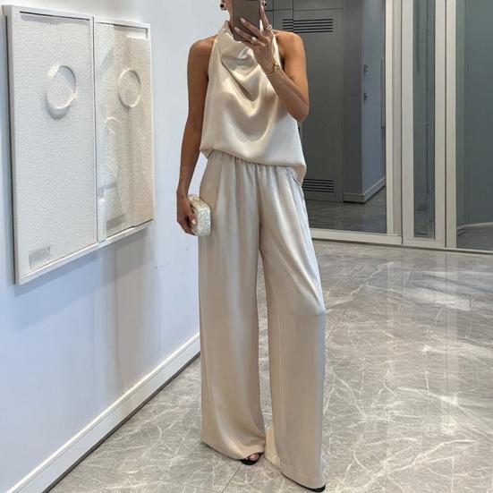 Women 2 Piece Satin Outfits Halter Neck Sleeveless Top And Wide Leg Pants Set Casual Vocation Lounge Set